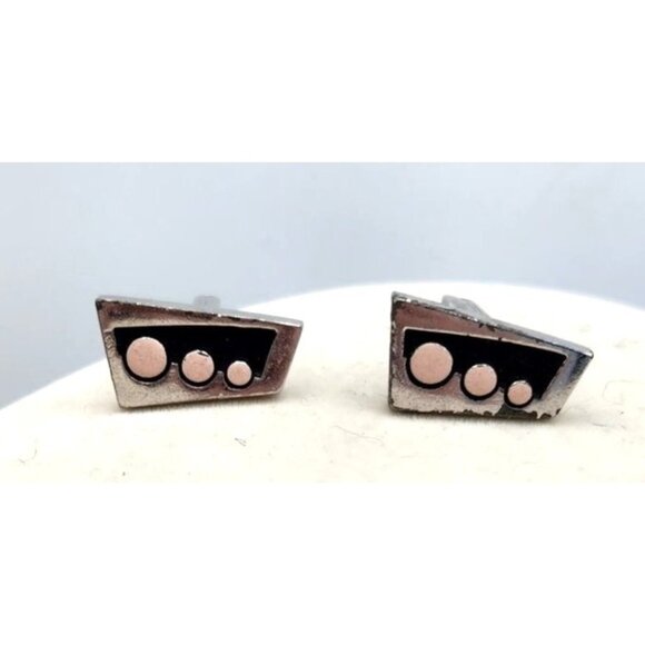 Vintage Retro Metal Cuff Links Black With Pink Polka Dots - Silver Tone - Picture 1 of 3